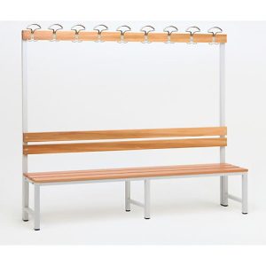 Sitzbank für Umkleideräume mit Rückwand und Hakenleiste 2000 mm breit Sitzbank für Umkleideräume mit Rückwand und Hakenleiste 2000 mm breit