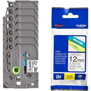 Sparset Schriftbandkassetten Brother TZe-231, selbstklebend, L 8 m x B 12 mm, weiß/schwarz, 6 + 1 GRATIS