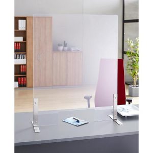Spuckschutz, Kunststoff, klar-transparent, Stärke 4 mm, B 1000 x H 800 mm, mit Durchreiche & Edelstahl-Füßen Spuckschutz, Kunststoff, klar-transparent, Stärke 4 mm, B 1000 x H 800 mm, mit Durchreiche & Edelstahl-Füßen