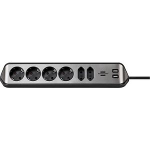 Steckdosenleiste brennenstuhl estilo, 6-fach, 2 USB-Ladebuchsen, IP20, Kabellänge 2 m, L 365 x B 60 x T 110 mm, Edelstahl & Kunststoff, schwarz-silber