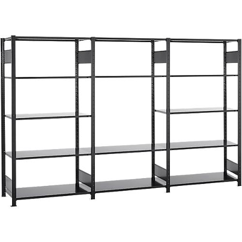Steckregal Set Schulte Lagertechnik MULTIplus 150, 1 x Grundregal & 2 x Anbauregal, 14 höhenverstellbare Fachböden, B 3000 x T 500 x H 2000 mm, Stahl, schwarz