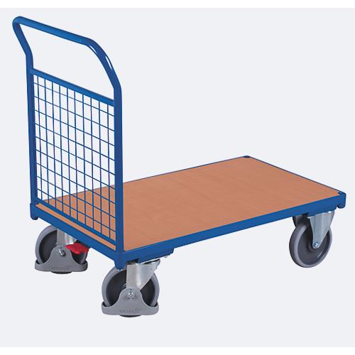 Stirnwandwagen, Stahl/MDF-Platte, Enzianblau/Buche-Dekor, L 880 x B 500 mm, Stirnwand aus Drahtgitter, TPE-Rollen mit EasySTOP, bis 400 kg