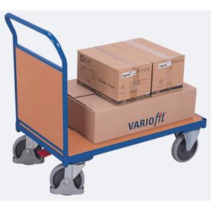 Stirnwandwagen, Stahl/MDF-Platte, Enzianblau/Buche-Dekor, L 880 x B 500 mm, Stirnwand aus MDF-Platte, TPE-Rollen mit EasySTOP, bis 400 kg
