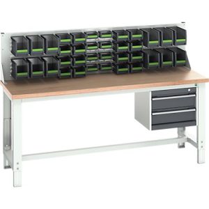Systemwerkbank Bott cubio, mit Aufsatzrahmen und Schlitzplatte, Schubladen, Buche-Multiplexplatte, bis 800 kg, B 2000 x T 750 mm, Lichtgrau Systemwerkbank Bott cubio, mit Aufsatzrahmen und Schlitzplatte, Schubladen, Buche-Multiplexplatte, bis 800 kg, B 2000 x T 750 mm, Lichtgrau