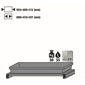 Tablarauszug Abz für asecos Chemikalienschränke der CS und CX Serie, Stahlblech/Polypropylen, lichtgrau, B 955 x T 485 x H 112 mm, 33 l, bis 30 kg
