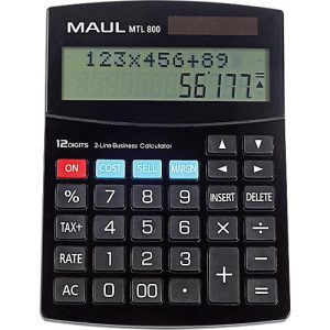 Tischrechner MAUL MTL800, 12 Stellen, 2 Zeilen, kaufmännische Funktionen, Solar- & Batteriebetrieb, B 140 x T 190 x H 30 mm, schwarz