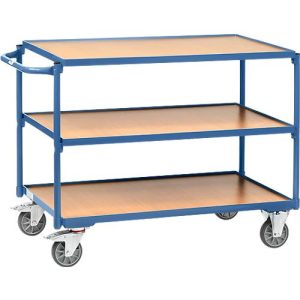 Tischwagen, leicht, 3 Etagen, L 1000 x B 600 mm, bis 300 kg, Stahl/Holz, blau/buche Tischwagen, leicht, 3 Etagen, L 1000 x B 600 mm, bis 300 kg, Stahl/Holz, blau/buche