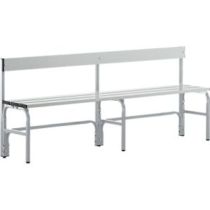 Umkleidebank, Edelstahlrohr/Alu, einfach mit Rückenteil, 1500 mm breit, weißalu