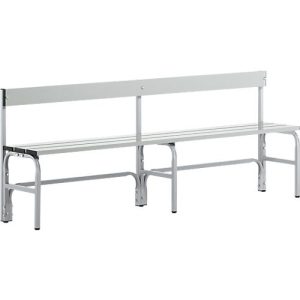 Umkleidebank, Edelstahlrohr/Alu, einfach mit Rückenteil, 2000 mm breit, weißalu
