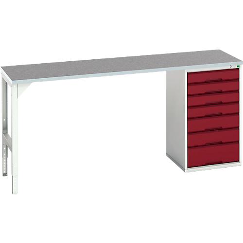 Unterbauwerkbank Bott verso, Linoleum-Platte, 7 Schubladen, B 2000 x T 600 x H 930 mm, Lichtgrau / Purpurrot