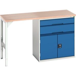Unterbauwerkbank Bott verso, Multiplex-Platte, 2 Schubladen, 1 Tür, 1 Ablageboden, B 1500 x T 600 x H 930 mm, Lichtgrau / Enzianblau