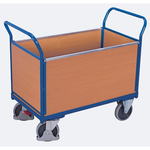 Vierwandwagen, Stahl/MDF-Platte, Enzianblau/Buche-Dekor, L 1000 x B 650 mm, herausnehmbare Längswände, TPE-Rollen mit EasySTOP, bis 500 kg