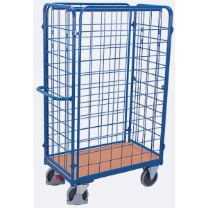 Vierwandwagen, Stahl/MDF-Platte, Enzianblau/Buche-Dekor, L 850 x B 500 mm, Nutzhöhe 1525 mm, einhängbare Längswände, EasySTOP, bis 400 kg