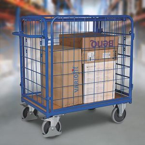 Vierwandwagen, Stahl/MDF-Platte, Enzianblau/Buche-Dekor, L 850 x B 500 mm, Nutzhöhe 925 mm, einhängbare Längswände, EasySTOP, bis 400 kg
