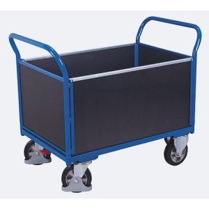 Vierwandwagen, Stahl/Siebdruckplatte, Enzianblau/Dunkelbraun, L 995 x B 650 mm, herausnehmbare Längswände, Vollgummi-Rollen mit EasySTOP, 1000 kg
