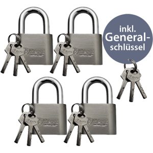 Vorhängeschloss 50mm. 4er-Set mit 15 Schlüsseln