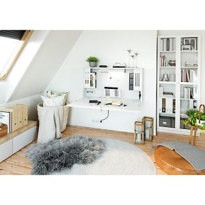 Wandschreibtisch, ideal für das Home Office, ausklappbare Tischplatte, umfangreiche Innenausstattung, B 1200 x T 260 x H 650 mm, weiß/weiß
