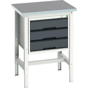 Werkbank Bott verso, Linoleum-Platte, mit Querstrebenset, 3 Schubladen, B 700 x T 600 x H 780 – 930 mm, Lichtgrau / Anthrazitgrau