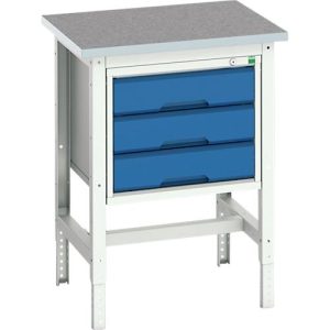 Werkbank Bott verso, Linoleum-Platte, mit Querstrebenset, 3 Schubladen, B 700 x T 600 x H 780 – 930 mm, Lichtgrau / Enzianblau
