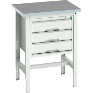 Werkbank Bott verso, Linoleum-Platte, mit Querstrebenset, 3 Schubladen, B 700 x T 600 x H 780 – 930 mm, Lichtgrau