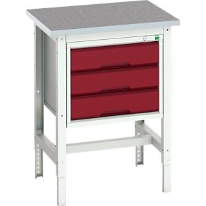 Werkbank Bott verso, Linoleum-Platte, mit Querstrebenset, 3 Schubladen, B 700 x T 600 x H 780 – 930 mm, Lichtgrau / Purpurrot