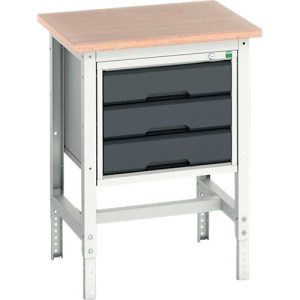 Werkbank Bott verso, Multiplex-Platte, mit Querstrebenset, 3 Schubladen, B 700 x T 600 x H 780 – 930 mm, Lichtgrau / Anthrazitgrau