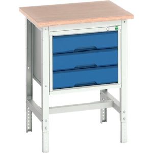Werkbank Bott verso, Multiplex-Platte, mit Querstrebenset, 3 Schubladen, B 700 x T 600 x H 780 – 930 mm, Lichtgrau / Enzianblau