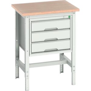 Werkbank Bott verso, Multiplex-Platte, mit Querstrebenset, 3 Schubladen, B 700 x T 600 x H 780 – 930 mm, Lichtgrau
