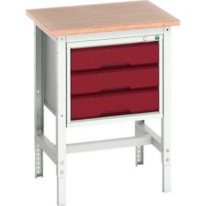 Werkbank Bott verso, Multiplex-Platte, mit Querstrebenset, 3 Schubladen, B 700 x T 600 x H 780 – 930 mm, Lichtgrau / Purpurrot
