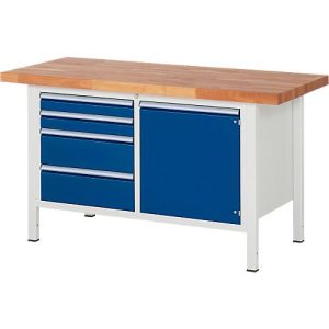 Werkbank Serie 8470, 4 Schubladen, 1 Fachboden mit Tür, B 1500 x T 700 x H 840-1040 mm Werkbank Serie 8470, 4 Schubladen, 1 Fachboden mit Tür, B 1500 x T 700 x H 840-1040 mm