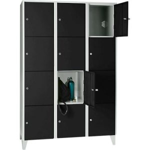 Wertfachschrank 400 mm, 3 Abteile, 12 Fächer, Sicherheitszylinderschloss, Fuß, tiefschwarz
