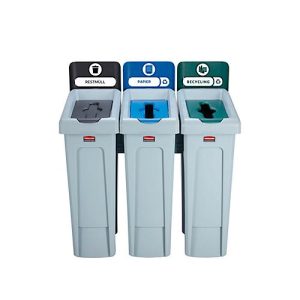Wertstoffsammler Rubbermaid® SLIM JIM®, 3 x 87 l, für Papier/Glas/Restmüll, Klemmgriffe & Lüftungskanäle, B 914,4 x T 546,1 x H 1022,4 mm