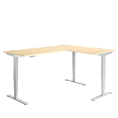 Winkelschreibtisch AERO FLEX, elektrisch höhenverstellbar, 90° Winkel, T-Fuß, B 2000 x T 1600 mm, Ahorn/weißalu + Memorypanel