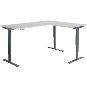 Winkelschreibtisch AERO FLEX, elektrisch höhenverstellbar, 90° Winkel, T-Fuß, B 2000 x T 1600 mm, lichtgrau/anthrazit + Memorypanel
