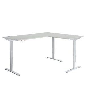 Winkelschreibtisch AERO FLEX, elektrisch höhenverstellbar, 90° Winkel, T-Fuß, B 2000 x T 1600 mm, lichtgrau/weißalu + Memorypanel