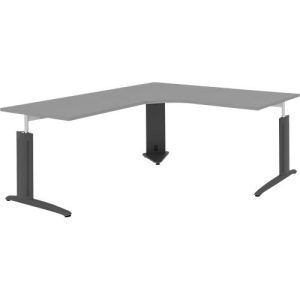Winkelschreibtisch BARI, 90°, Winkel links, C-Fuß, B 1800 x T 1800 mm, mittelgrau