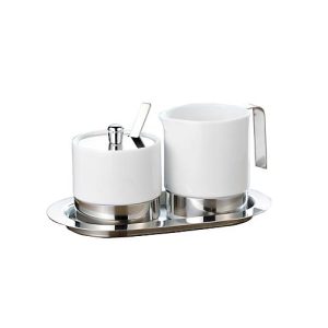 Zucker- und Sahneset ADAM, 4-tlg., weißes Porzellan, Edelstahl, Sahnegießer 0,25 l, Zuckerdose 0,2 l Zucker- und Sahneset ADAM, 4-tlg., weißes Porzellan, Edelstahl, Sahnegießer 0,25 l, Zuckerdose 0,2 l